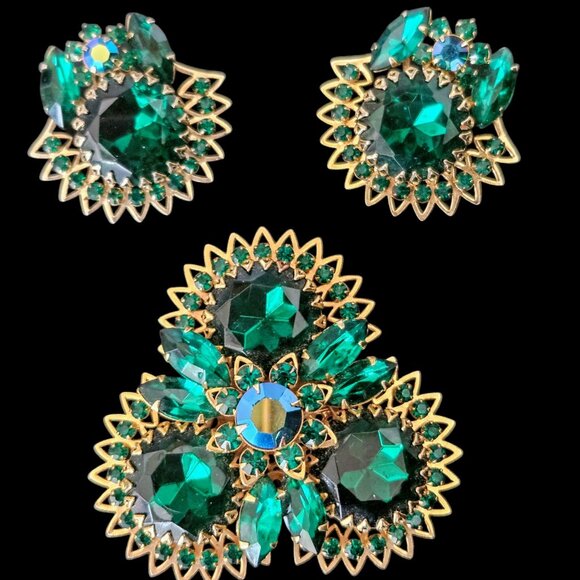 Vintage Judy Lee Jewels Emerald Green Rhinestone Brooch & Earring Set - Picture 4 of 11